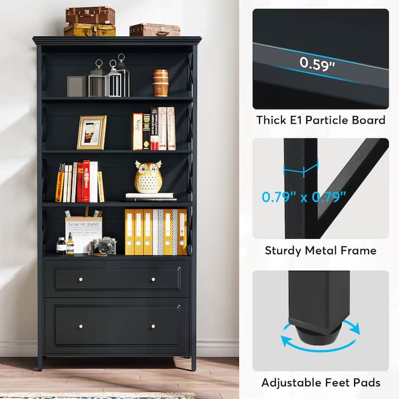 72"Tall Black Bookshelf with 2 Drawers