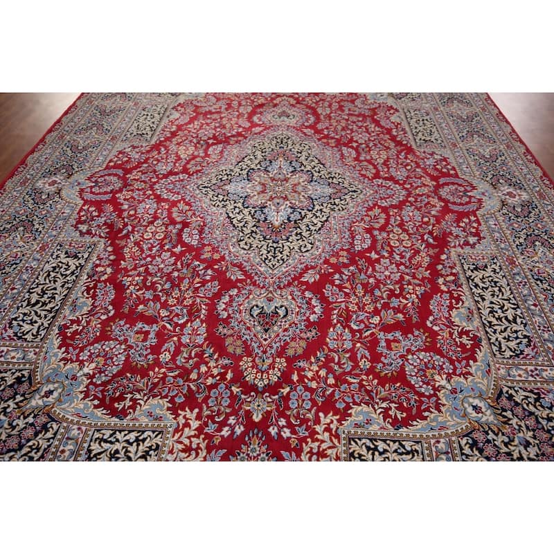 Traditional Red Kashan Turkish Area Rug Machine-Made Bedroom Carpet - 9'6" x 13'0"