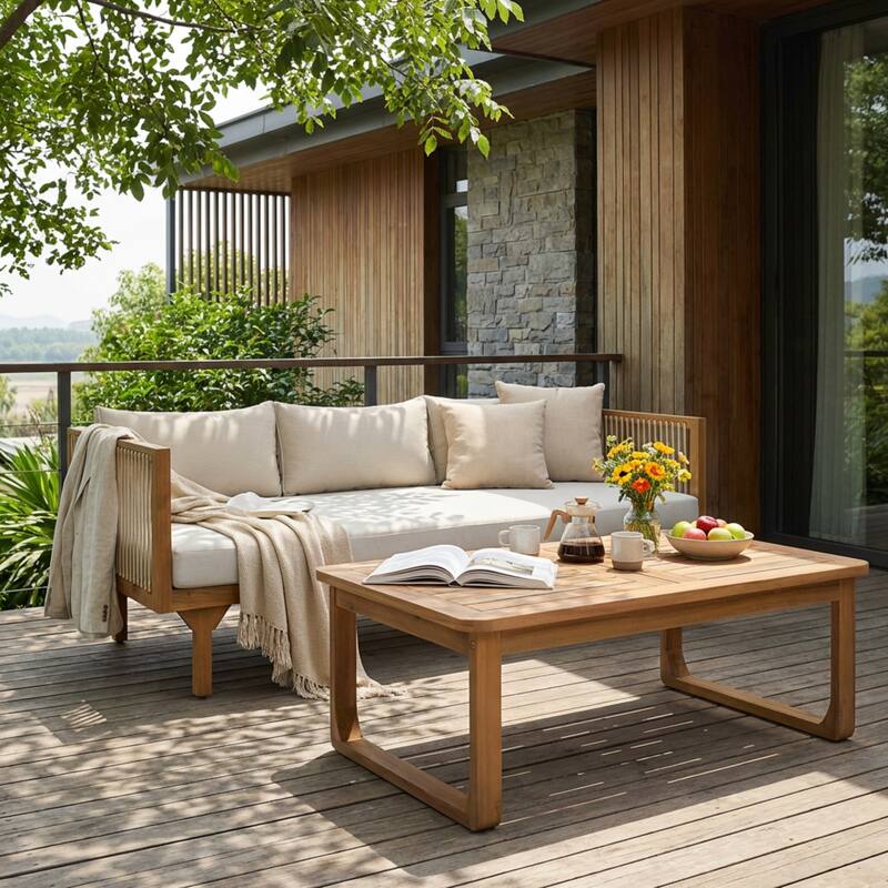 Christopher Knight Home Solenne Acacia Wood 3 Seater Daybed and Coffee Table with Cushion