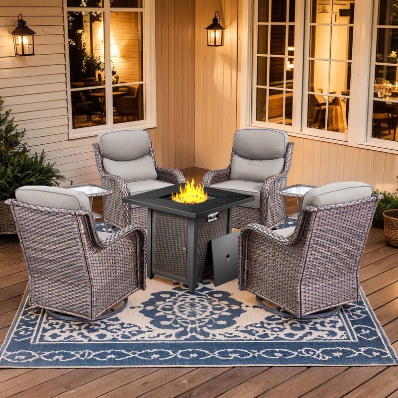 Pocassy 30 Inch Fire Pit Table with Sofa Swivel Chair Set - Gray Cushion Brown Wicker - 7-Piece Fire Pit Table w/ Swivel Chair Table Set