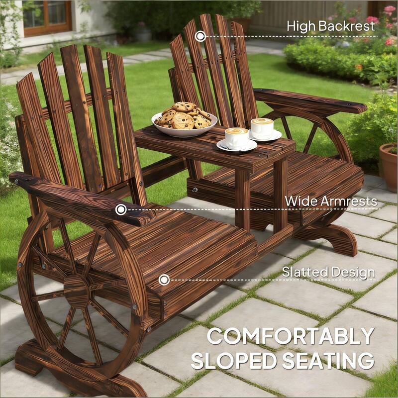 GDFStudio Outdoor Rhiannon Fir Wood Wagon Wheel Garden Bench with Center Table and Parasol Hole