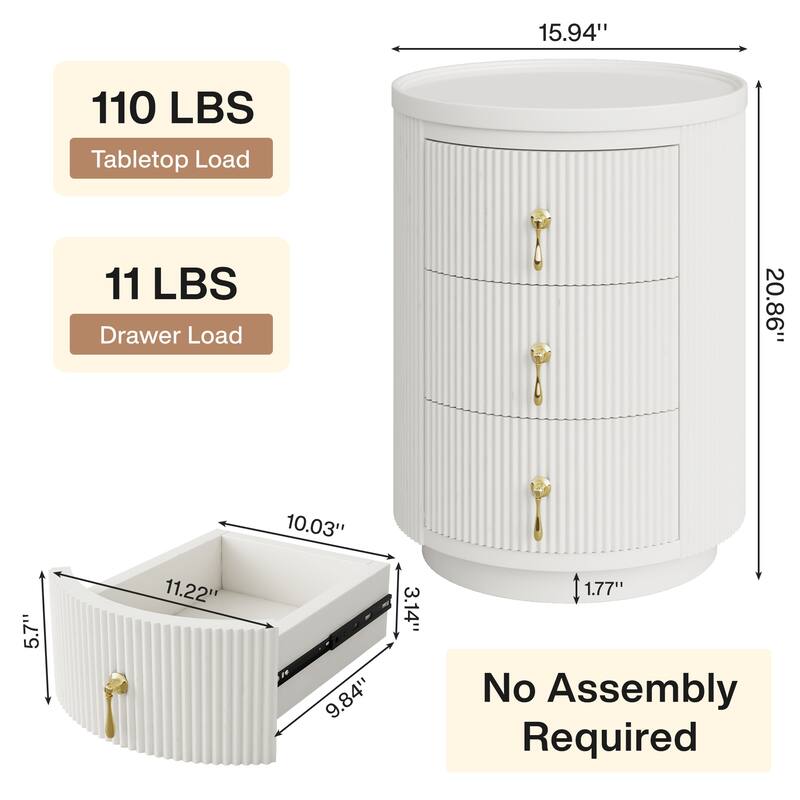 Modern Nightstand with 3 Drawers, No Assembly Round End Table Bedside Table for Bedroom, White