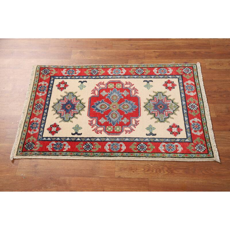 Ivory Geometric Kazak Oriental Foyer Rug Hand-Knotted Wool Carpet - 2'0"x 3'0"