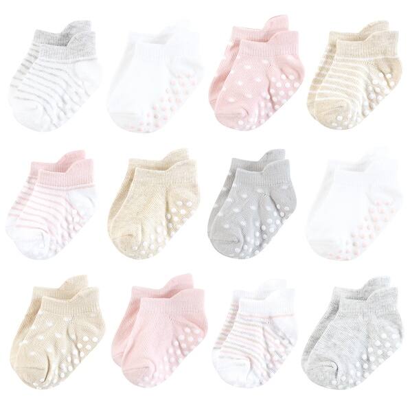 slide 1 of 1, Hudson Baby Infant Girl Non-Skid No-Show Socks, Soft Pink Dot Stripe Soft Pink Dot Stripe - 0-6 Months