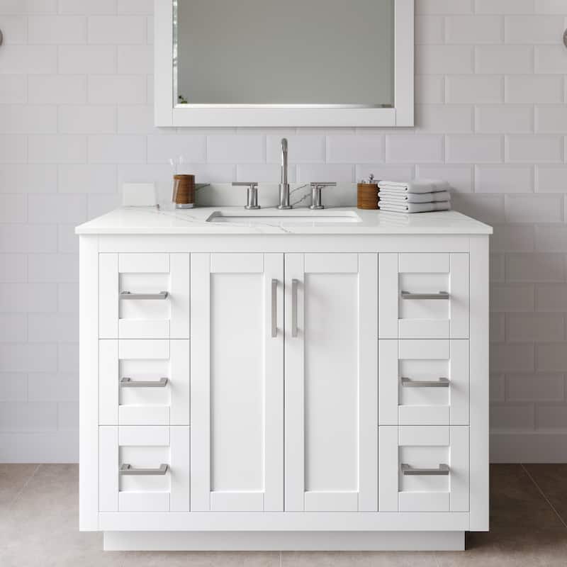 Wyndham Collection WCF292942S-QTZ-US3MXX Miranda 42" Free Standing - White / Giotto Quartz Top / Brushed Nickel