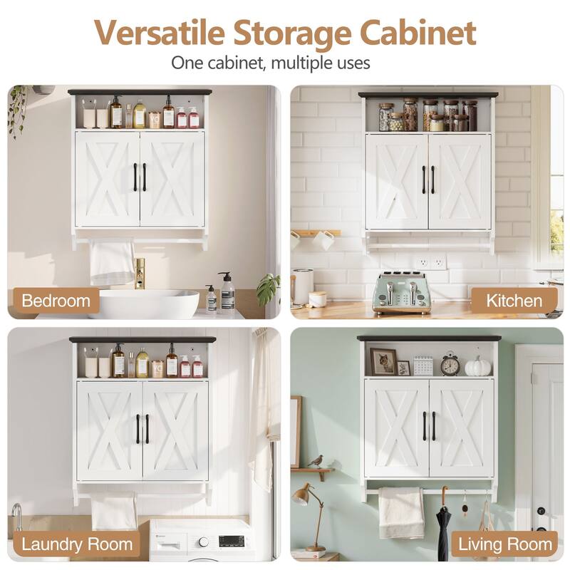 VECELO White Wall Mounted Cabinet with Adjustable LED Sensor Light Towel Bar Bathroom Kitchen Storage Organizer for Small Spaces