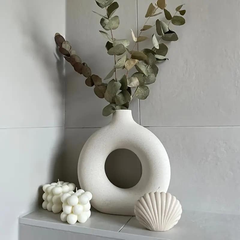 Curata Set of 2 White Ceramic Donut Vases - Modern Home Décor