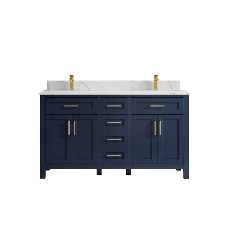 Willow Collections 60 in. W x 22 in. D Cambridge Double Sink Bathroom Vanity with Countertop - 1.5" Calacatta  - Navy Blue