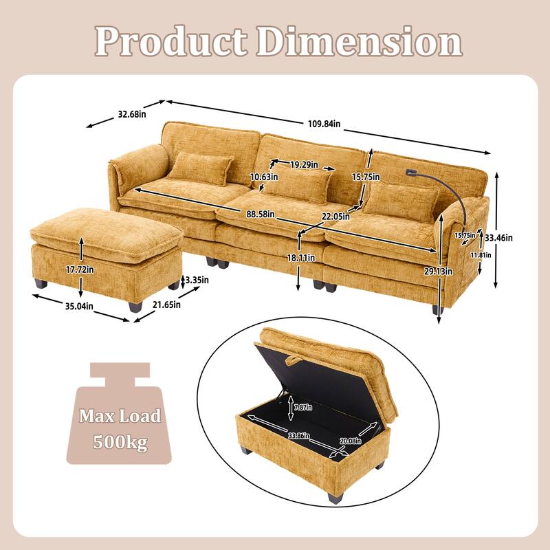 GALDWIN Chenille Upholstered L-shaped Modular Sectional Sleeper Sofa with Movable Storage Ottoman,USB&Type-C