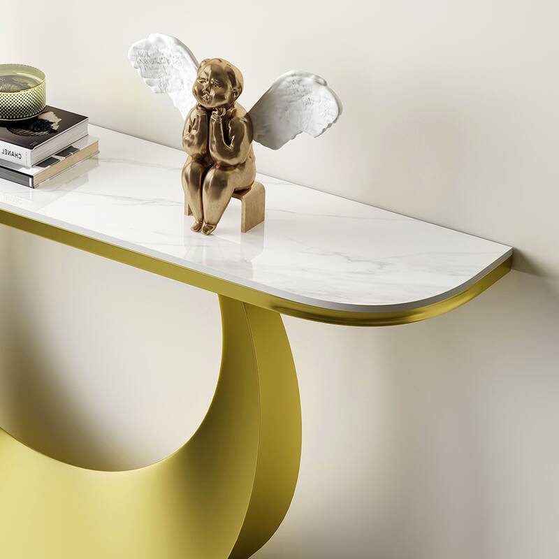 Roomfitters 47 Inch Half Moon Console Table, Sintered Stone Entryway Table with Gold Metal Legs, White