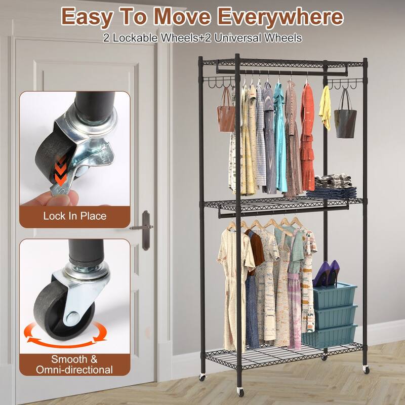 Grey Galvanized Tubes 2-Tier Covered Wardrobe Rack with Wheels and Hooks - 35.43x17.13x72.44in