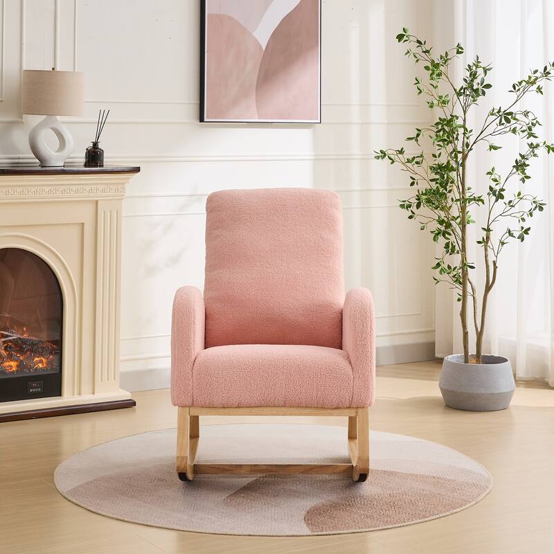 27.2"W Rocking Chair, Sherpa Glider Chair with High Back and Side Pocket, Rocking Accent Armchair with Rubber Wood Legs