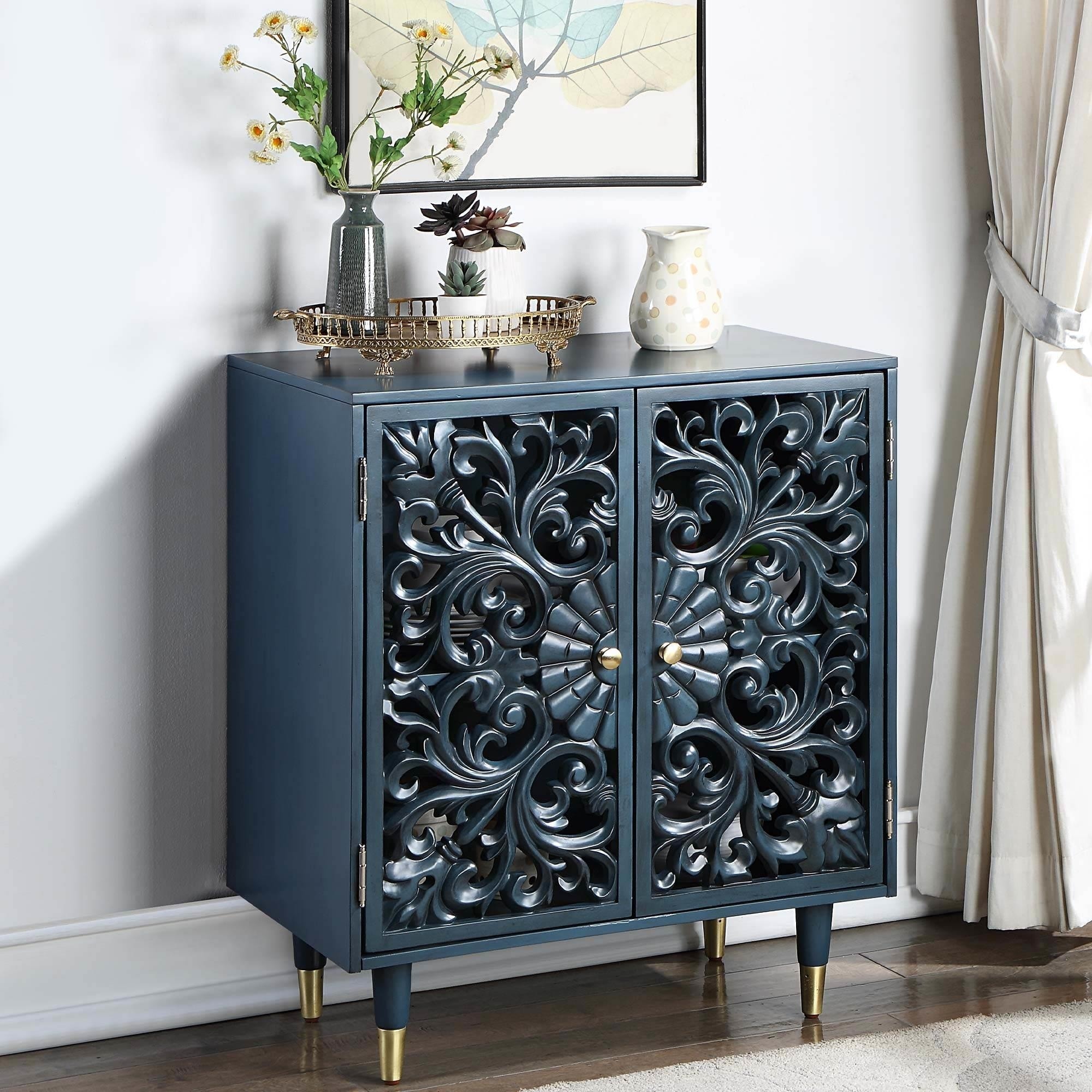 Modern Glam Blue Solid Wood Hollow 2 Door Accent Cabinet Buffet