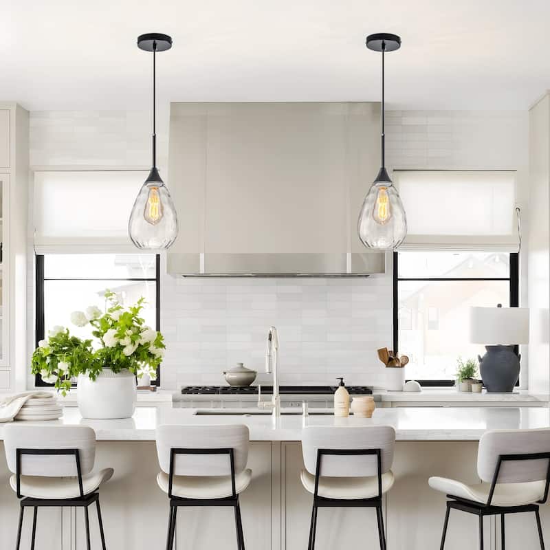 Starsky Modern Hammered Glass Tear-Drop Shade Pendant Light with Adjustable Height