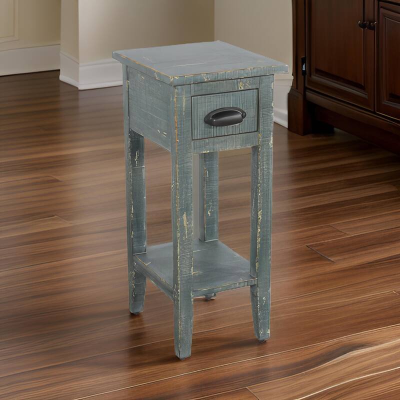Rena Chairside Table, Drawer and Shelf, 14 Inch Green Mahogany Wood