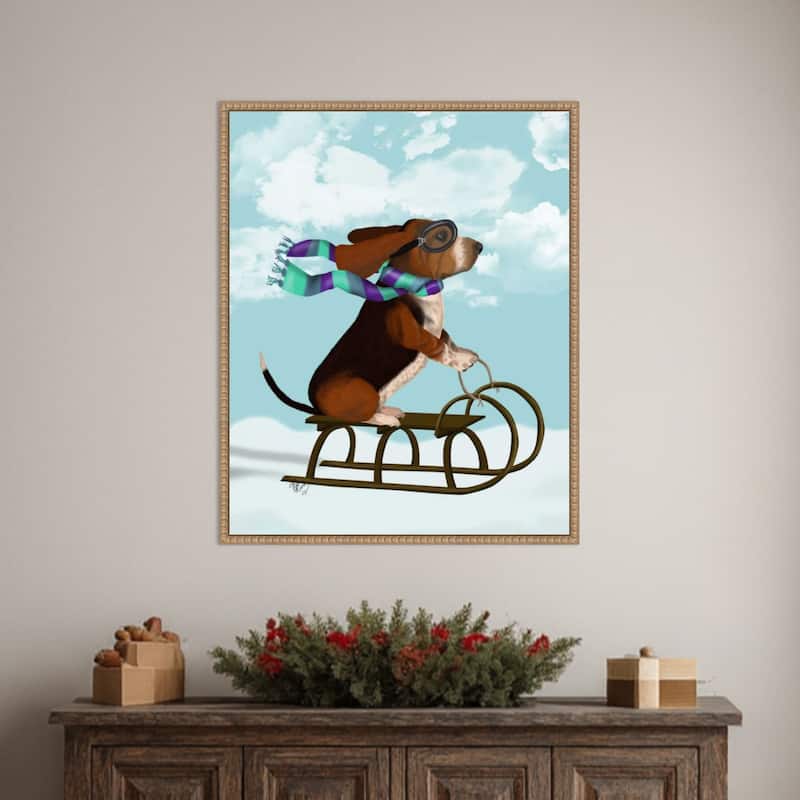 Basset Hound Sledging by Fab Funky (23 x 28 in.), Framed Canvas Wall Art Print - Sylvie Beaded Rustic Natural