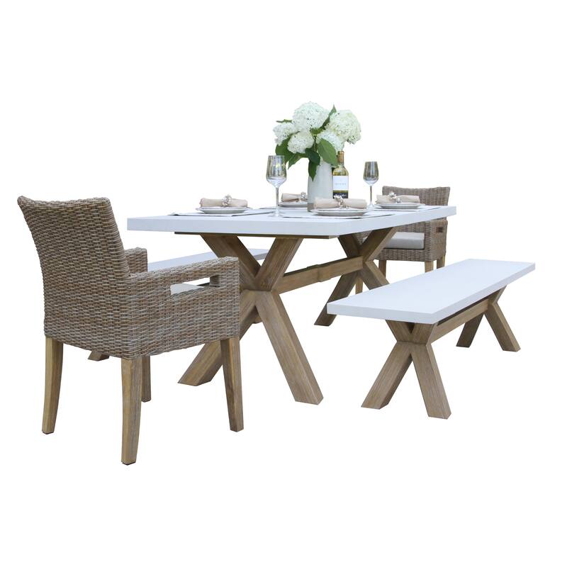 Cordelia 5-Piece Ivory Composite, Wheat Wicker and Eucalyptus Wash Rectangle Dining Set