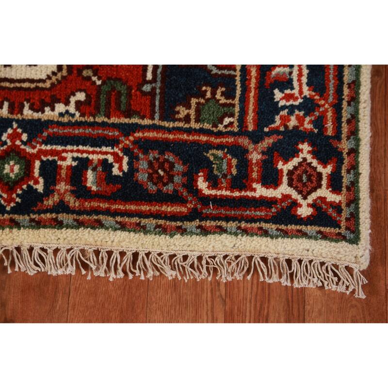 Hand Knotted Oriental 100% Wool Carpet Traditional Geometric Beige & Ivories Heriz (serapi) Runner Rug - 7' 10'' X 2' 7''