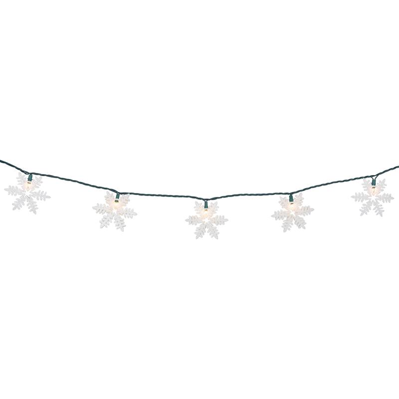 10-Count White Glittered Snowflake Christmas Light Set, 6ft Green Wire