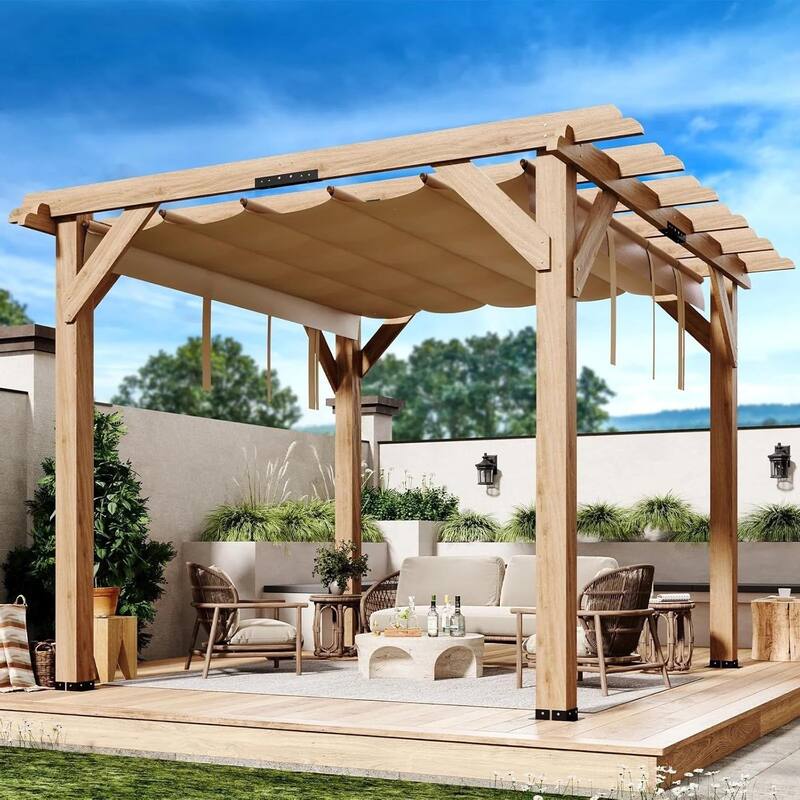 Cedar Wood Pergola with Retractable Oxford Fabric Roof - 10X12 Ft