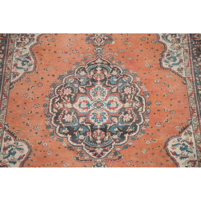 Hand Knotted Oriental 100% Wool Carpet Traditional Floral Oranges & Rust Tabriz Area Rug - 9' 3'' X 6' 8''