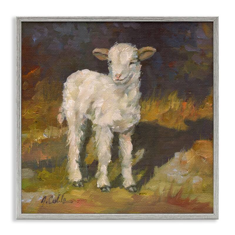 Stupell Soft and Sweet Baby Lamb and Shadow Oil Painting Framed Art, 12 x 12, Proudly Made in USA - 24 x 24 - Grey