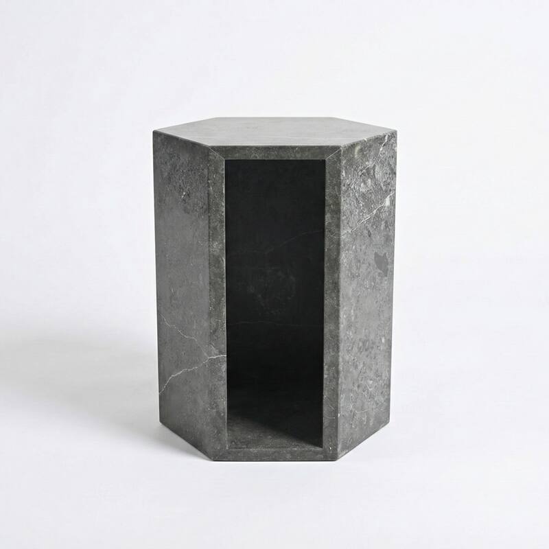 Roomfitters Luxury Natural Marble Hexagon Side Table, Solid Stone Geometric Pedestal End Table, Polished Finish
