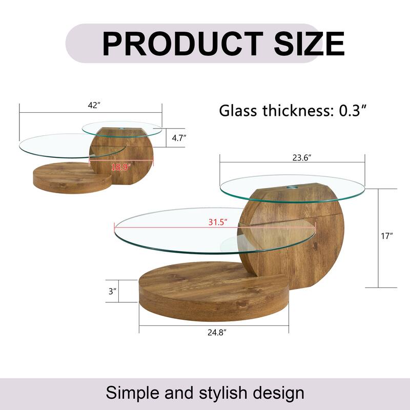Modern and practical double-layer round table. Glass table top, wood MDF table legs. Suitable for living room and bedroom.