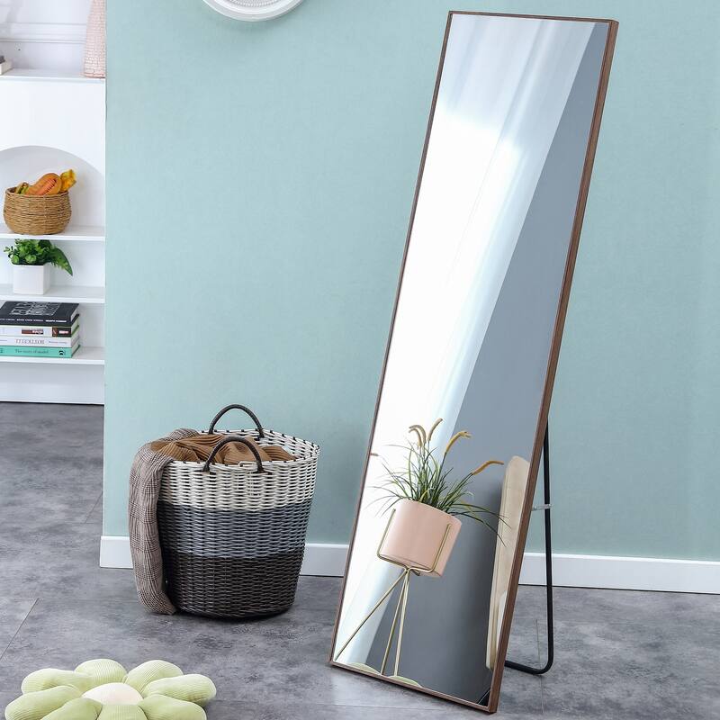Roomfitters Full Body Mirror with Brown Solid Wood Frame, Floor Standing Decorative Mirror for Dressing Room