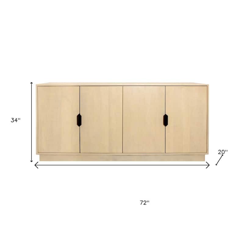 HomeRoots 72" Natural Distressed Solid Wood Carved Geometric Sideboard with Four Doors - 72.00 in. x 34.00 in. x 20.00 in.