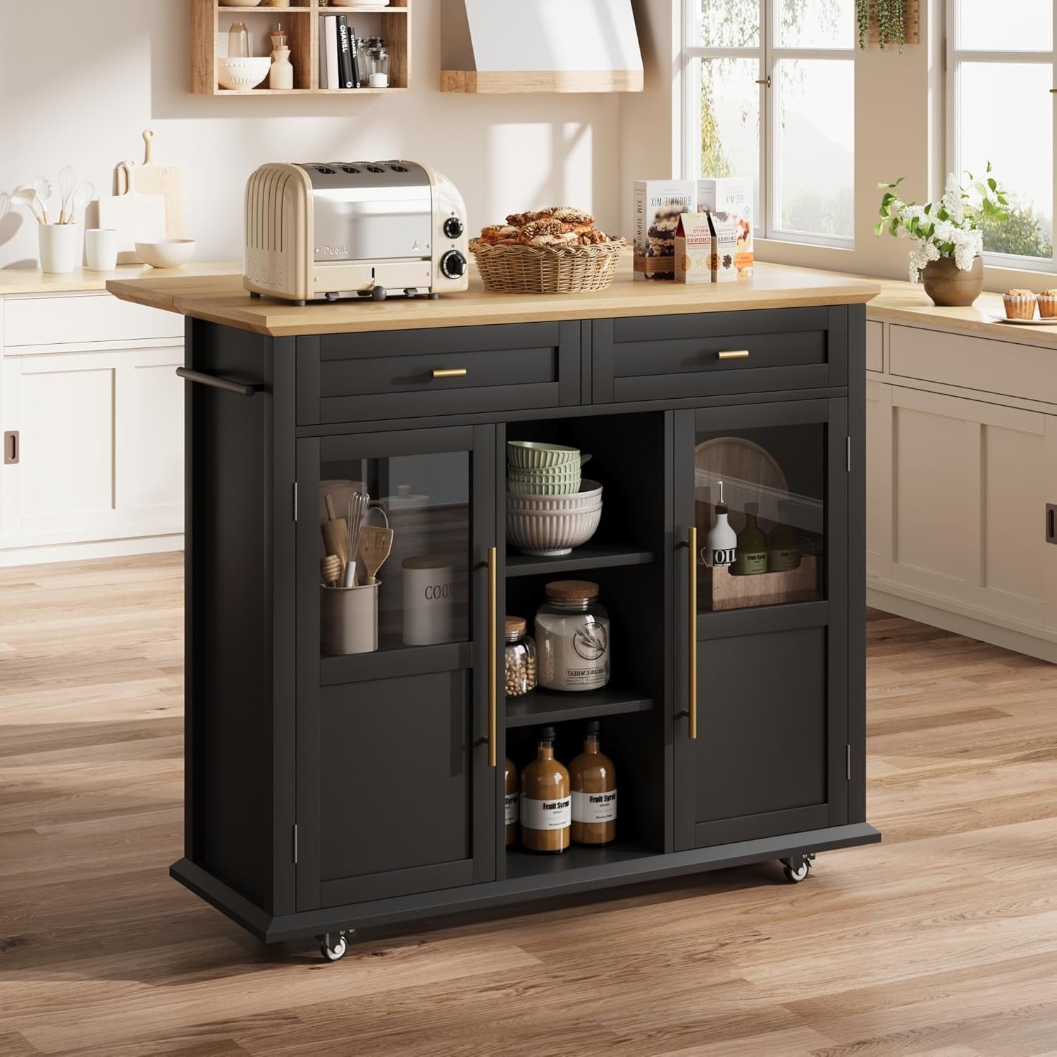 Kitchen Island Cart on Wheels with Foldable Table, Rolling Cart with Storage Shelf & Towel Rack