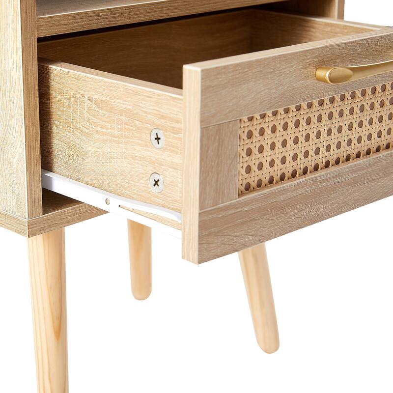 15.75" Rattan End table with drawer and solid wood legs, Modern nightstand, side table