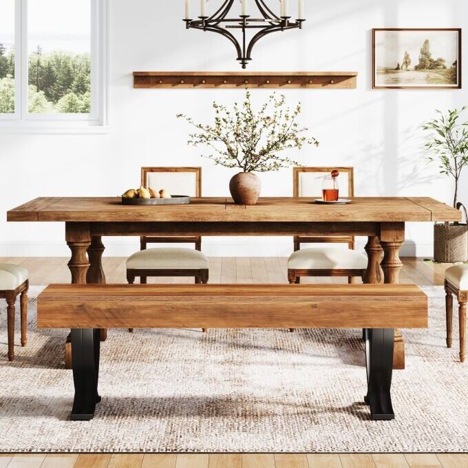 55-Inch Dining Room Bench, Wood Kitchen Bench with Metal Legs