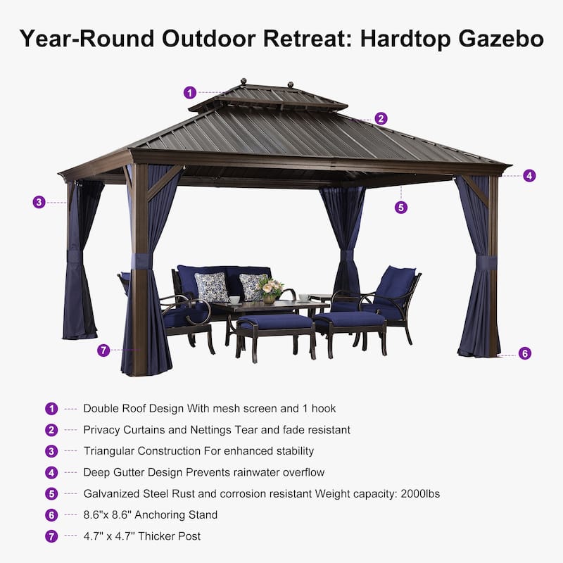 PURPLE LEAF Hardtop Aluminum Gazebo with Curtains and Netting, Double Roof Patio Gazebo