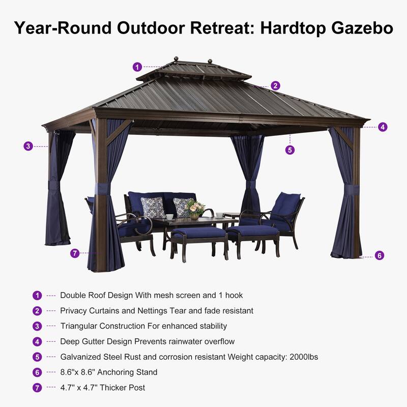 PURPLE LEAF Outdoor Gazebo Aluminum Frame Galvanized Steel Hardtop Gazebo