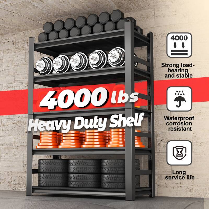 87 "H heavy-duty storage rack, five layer adjustable metal shelf, suitable for tool rooms, garages, supermarkets, etc., black, r