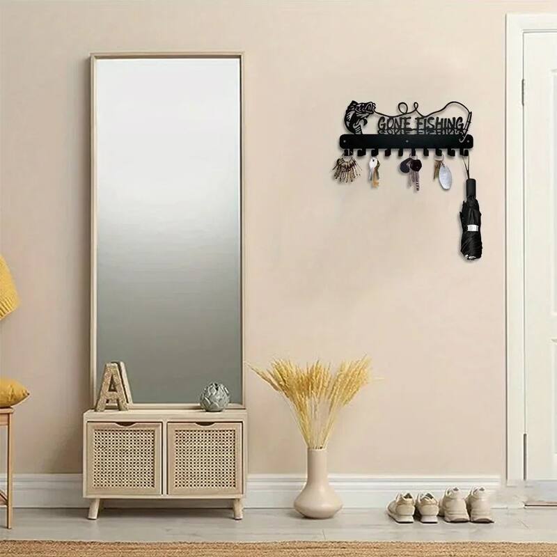 Black Metal Fish Shaped Key Rack with Wall Hook for Coastal Kitchens and Entryways - 11.81”L x 12.2”H