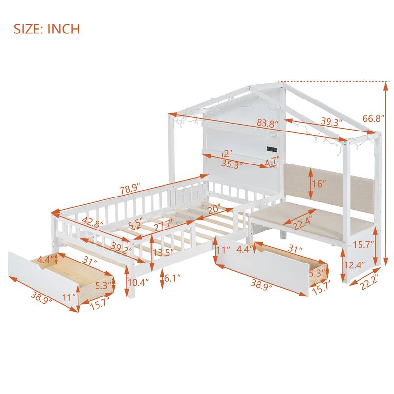 Stylish Twin House Bed with Sofa, Charging Station, Drawers & Shelves, Perfect for Space-Saving Comfort