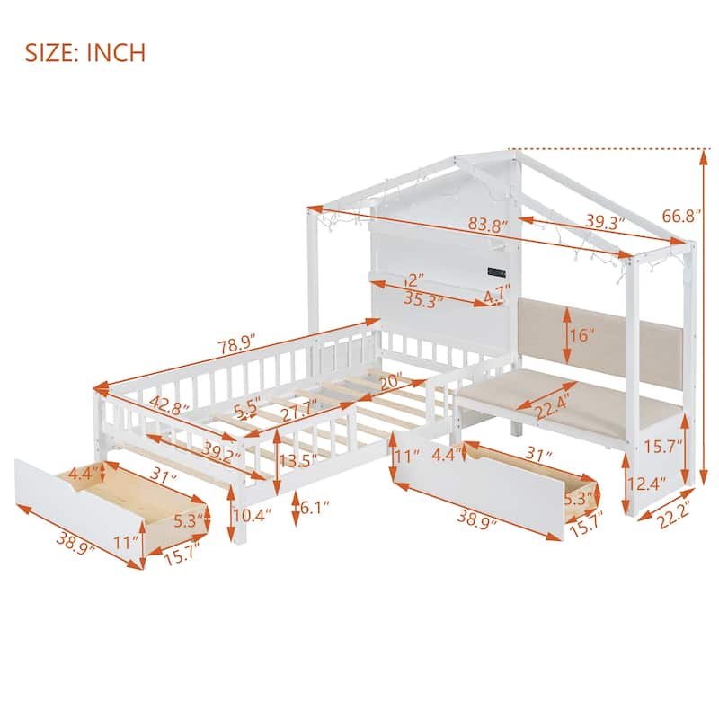 Twin House Bed with Sofa and Charging