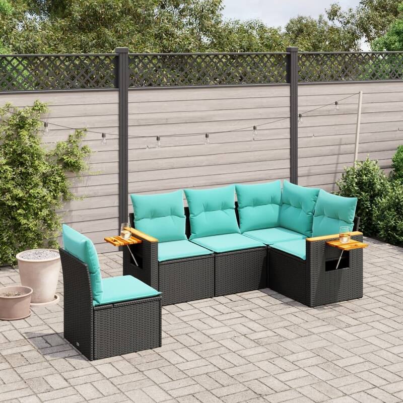vidaXL 5 Piece Patio Sofa Set with Cushions Black Poly Rattan - 21.7x27.2x24.4-Without table