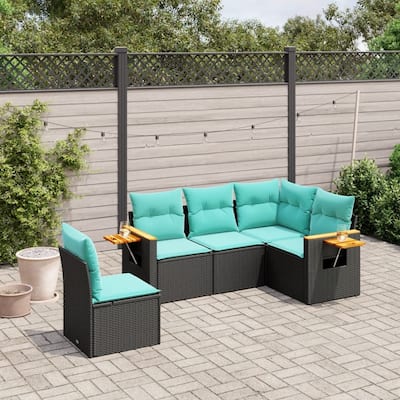 vidaXL 5 Piece Patio Sofa Set with Cushions Black Poly Rattan