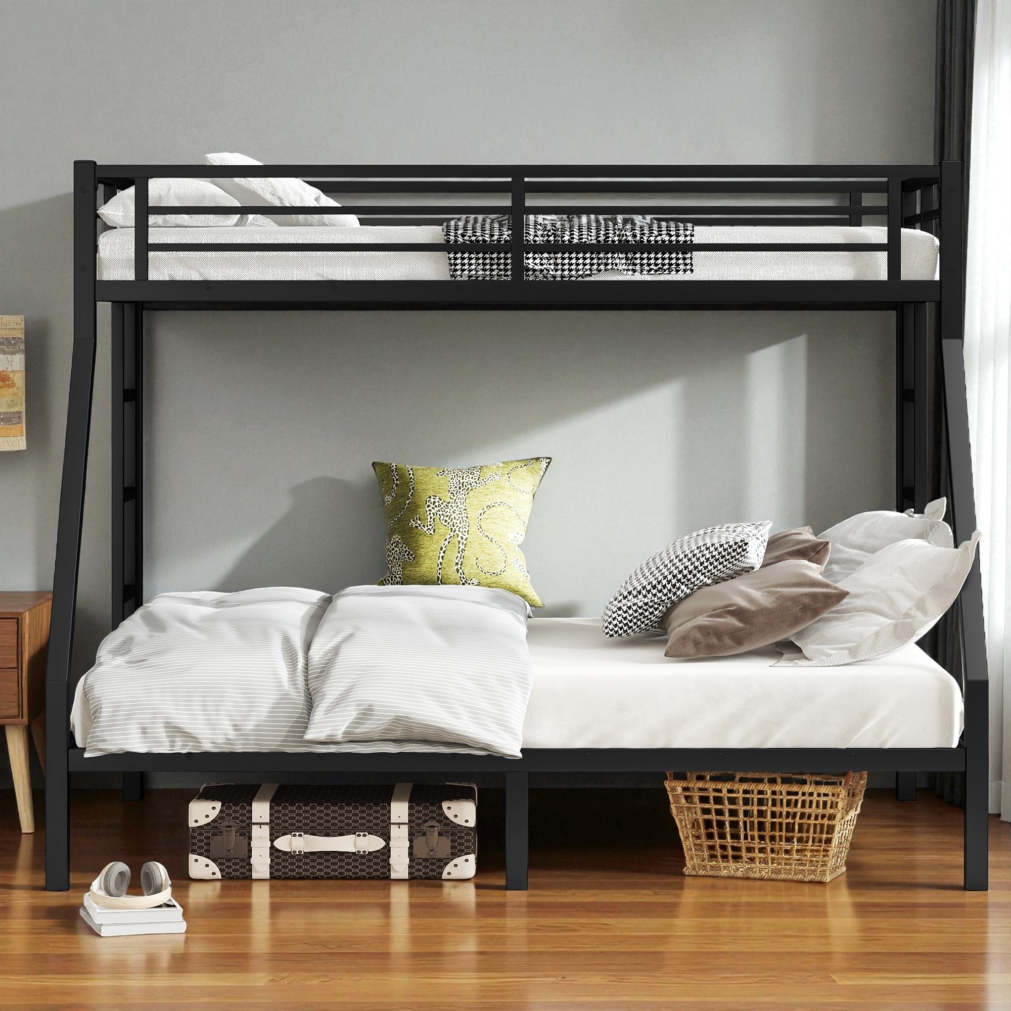 Metal Twin XL over Queen Bunk Bed Frame with Guardrails, Two-Side Ladder, Noise-Free & Space-Saving Design