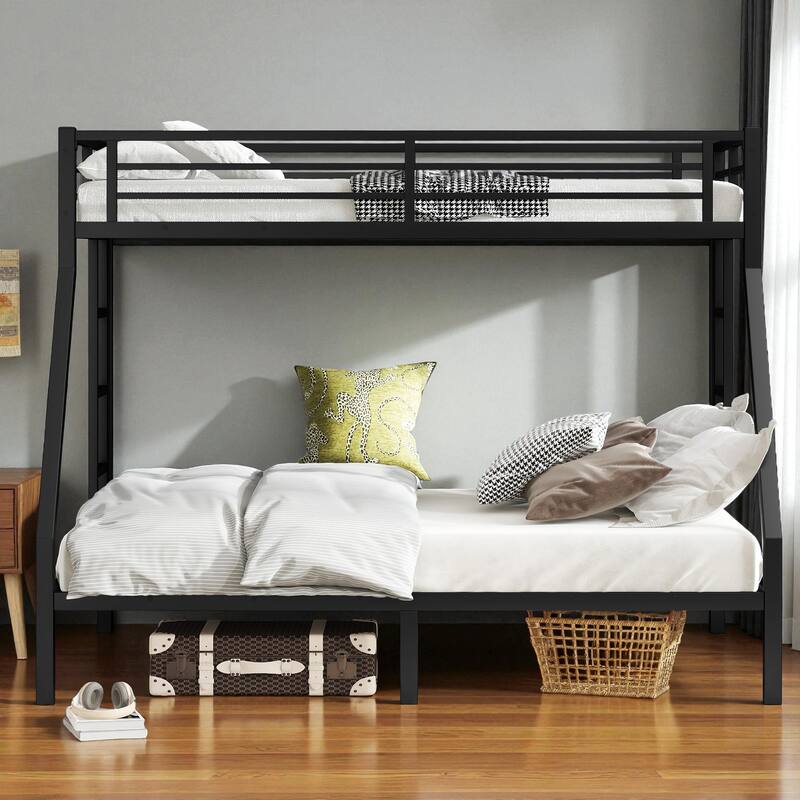 Metal Twin XL over Queen Bunk Bed Frame with Guardrails, Two-Side Ladder, Noise-Free & Space-Saving Design - Black - Queen
