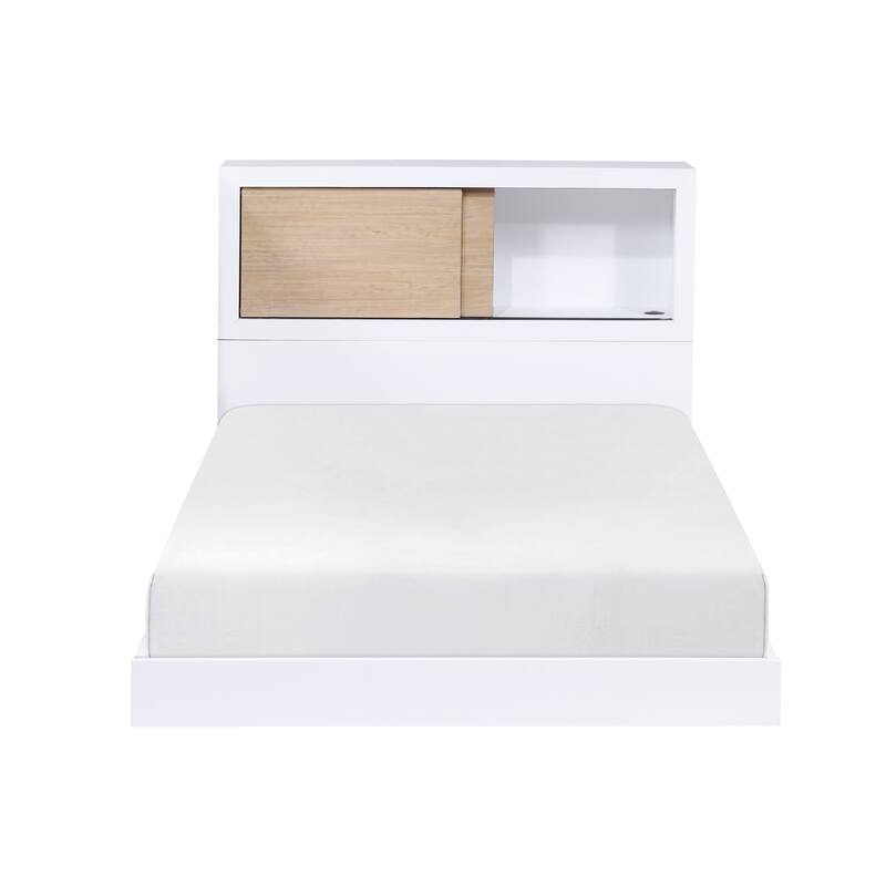 White Twin Bed with Bookcase Headboard, Low Profile Platform, USB Ports, No Mattress Included