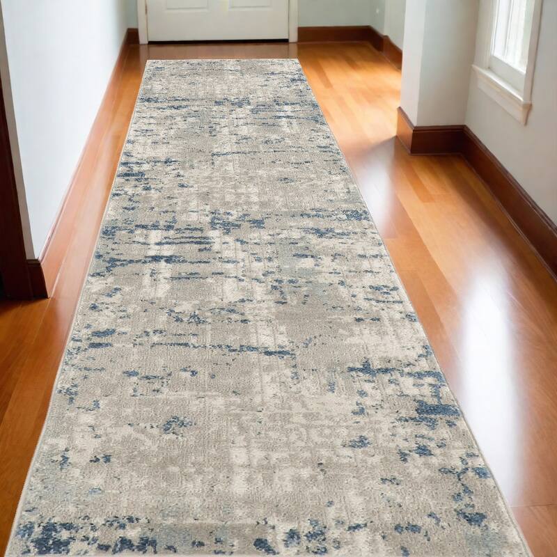 Loyaj Power Loomed Abstract Modern Durable Area Rug By HomeRoots - 240' X '26' X '0.32 - Gray and Ivory - Runner