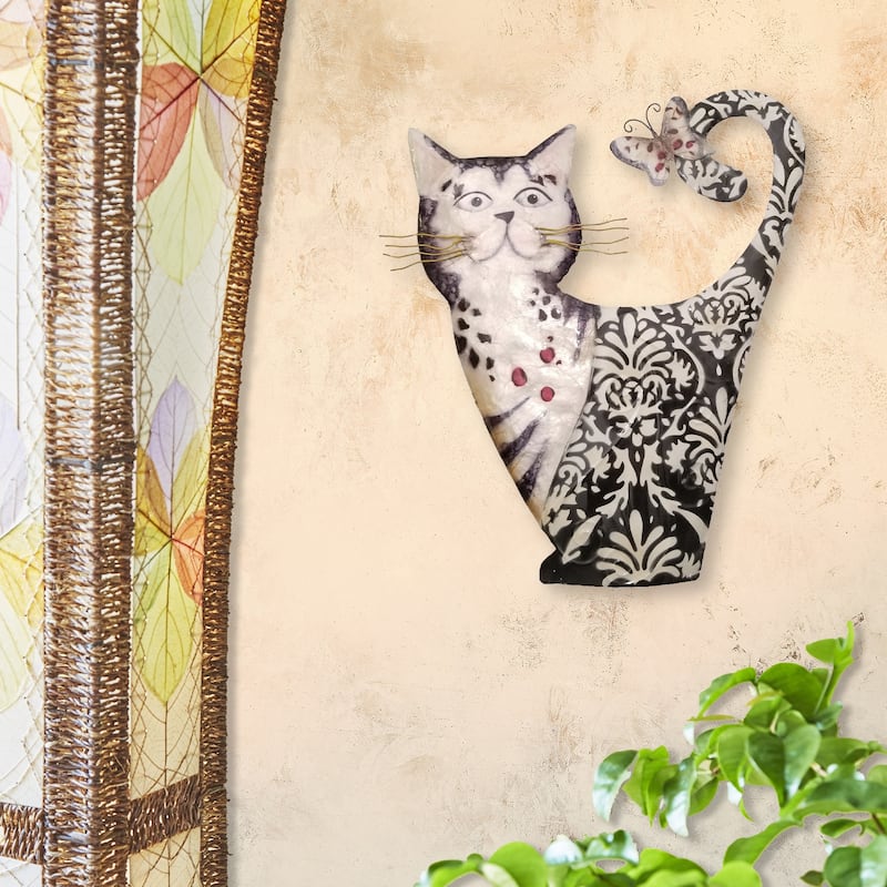 Eangee Handmade Cat Capiz Shell Wall Decor White And Black, 11 x 1 x 14 in. - 1 x 11 x 14