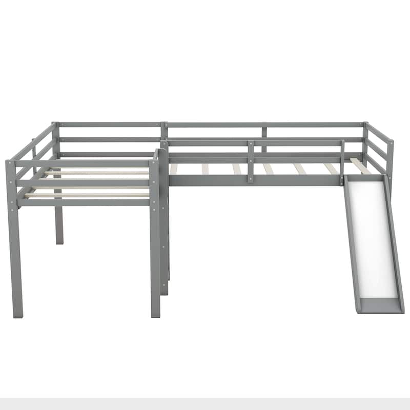 L-Shaped Twin Size Loft Platform Bed Frame with Ladder and Slide, Space-Saving Design with Fun Features for Kids Bedrooms