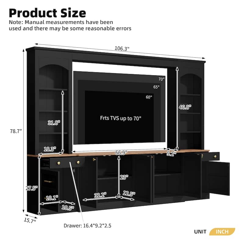 Farmhouse Arched Entertainment Center Wall Unit with Bookshelf,for TVs Up to 70",106"Multi-Functional Media Console with Drawer