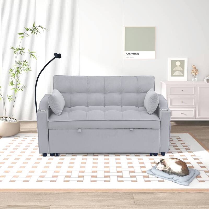 Light Gray Modern 70.2" Velvet 3 in 1 Loveseat Convertible Sofa Bed with Adjustable Back and USB Charging Port for Living Room