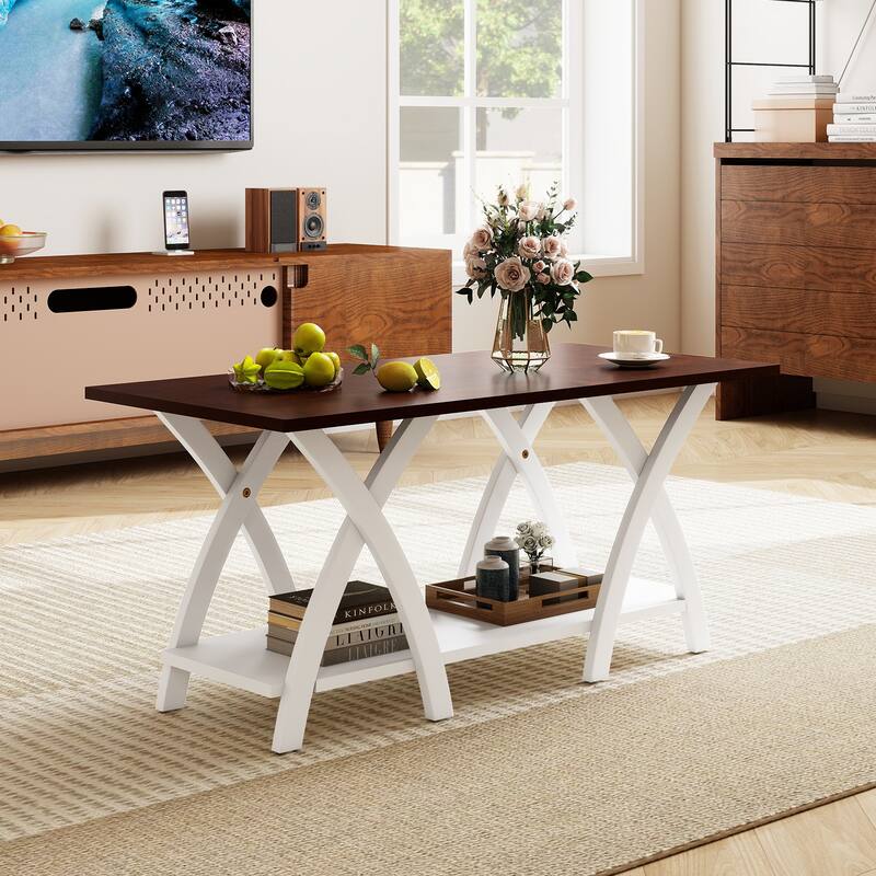 Gymax 2-Tier Coffee Table w/Storage Shelf & X-shaped Legs for Living
